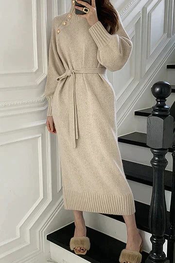 Dames Jurk Asymmetrisch Lange Mouwen Knopen Zwart