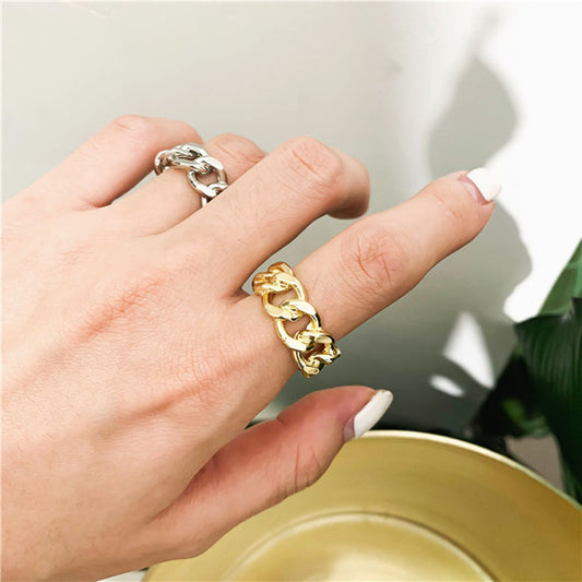 Dames Zilveren Ring met Open Schakel en Gedraaide Ketting - StudioMarella