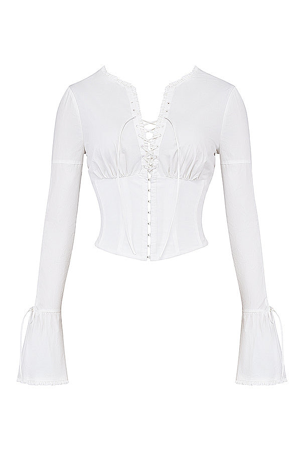 Vrouwelijke Blouse met Vetersluiting en Wijd Model Manchetten