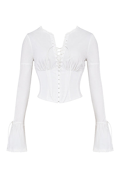 Vrouwelijke Blouse met Vetersluiting en Wijd Model Manchetten