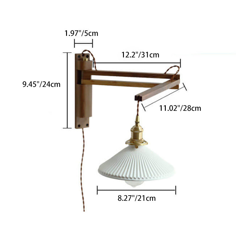 Wandlamp Hout Glas Geplooide Kap E26 Hal Woonkamer Slaapkamer Uitstelbaar Zwenkarm Messing Retro Japandi Sfeerlamp