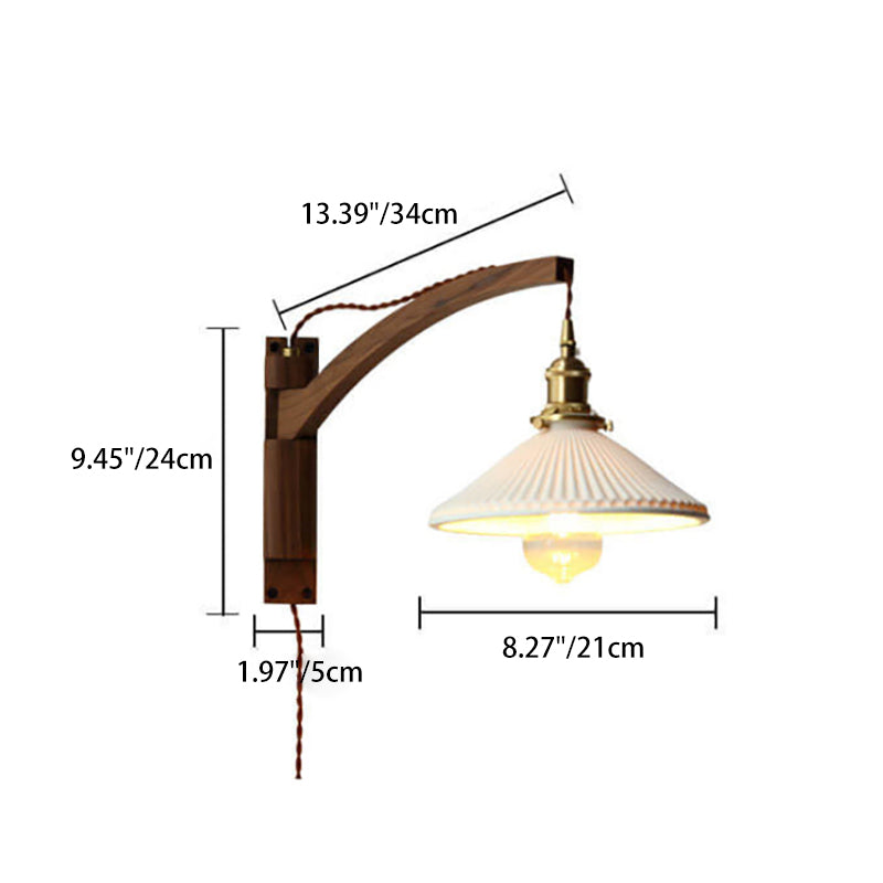 Wandlamp Hout Glas Geplooide Kap E26 Hal Woonkamer Slaapkamer Uitstelbaar Zwenkarm Messing Retro Japandi Sfeerlamp