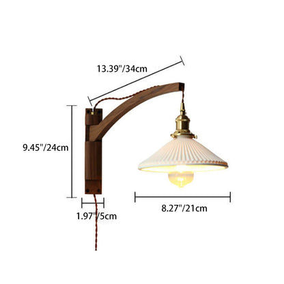 Wandlamp Hout Glas Geplooide Kap E26 Hal Woonkamer Slaapkamer Uitstelbaar Zwenkarm Messing Retro Japandi Sfeerlamp