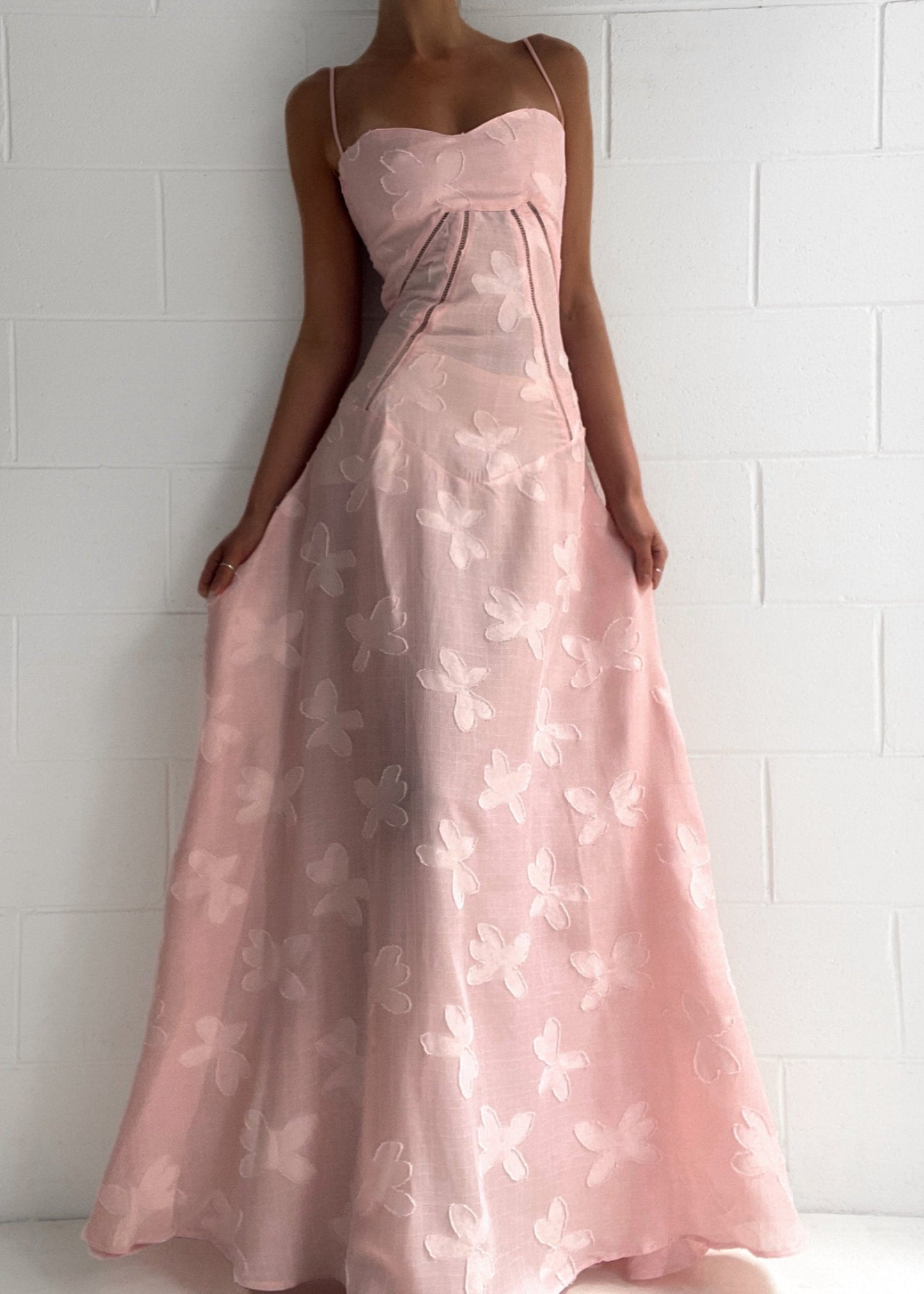 Roze Maxi Jurk met Corset Sluiting en Jacquard Patronen