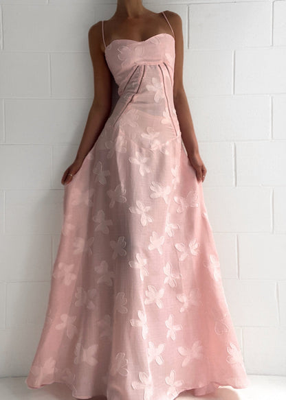 Roze Maxi Jurk met Corset Sluiting en Jacquard Patronen