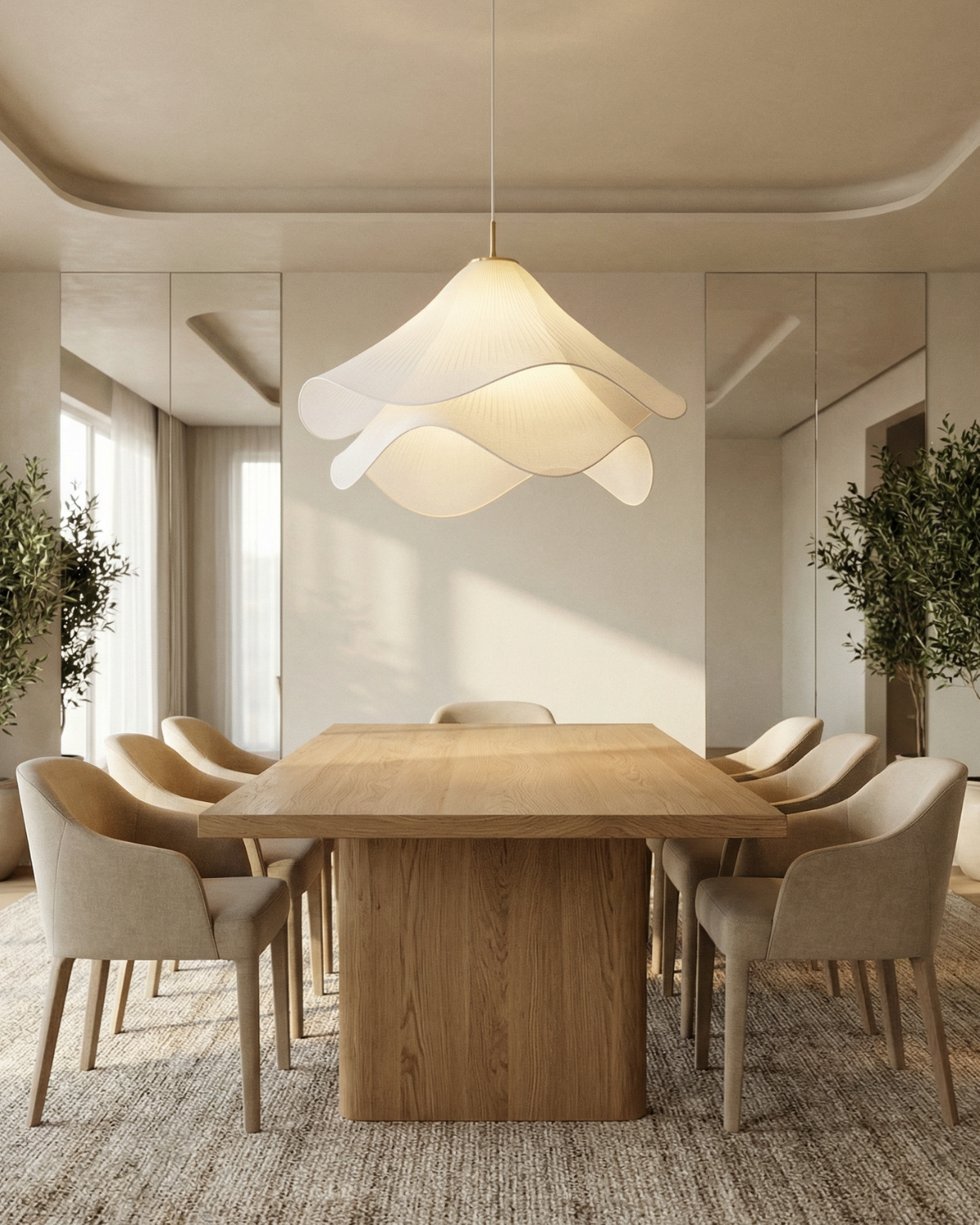 Elegante Bloemvormige Hanglamp Met Gelaagde Stoffen Kap En Gouden Accent
