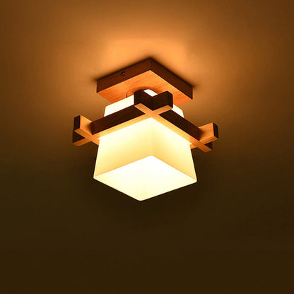 LED plafondlamp hout E27 wit Japandi hal slaapkamer woonkamer 20 cm vierkante plafondlamp Japanse stijl