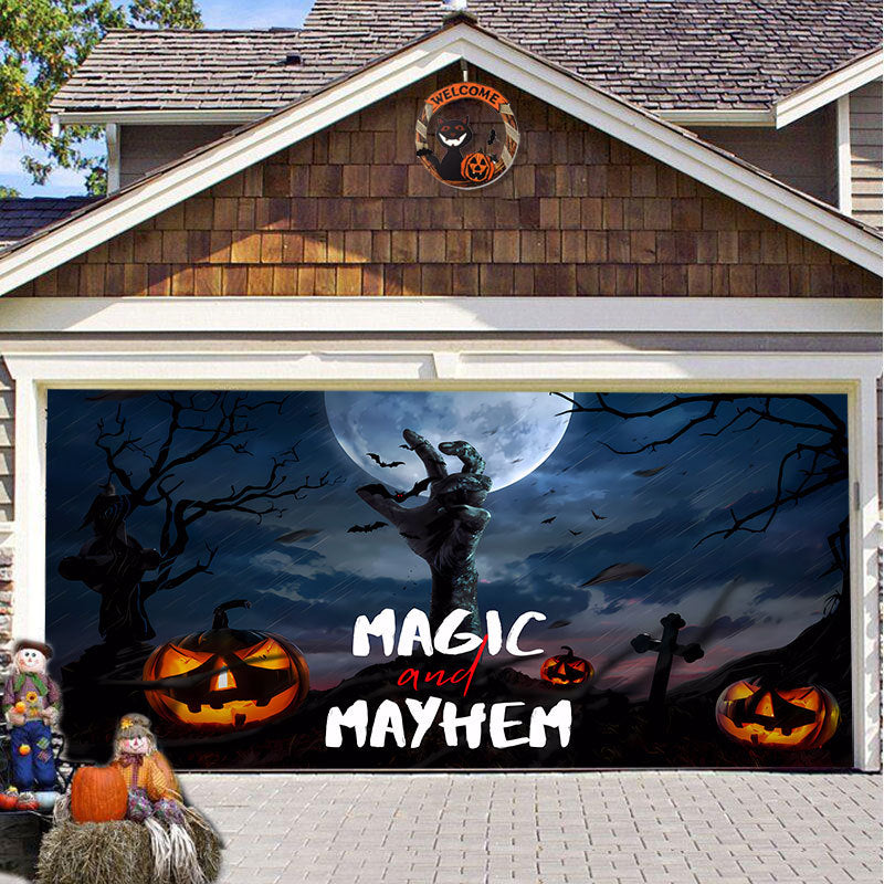 Halloween Garagedeur Decoratie Spookachtige Bedrukking Schaduwdoek Herbruikbaar Horror Sfeer Doek Waterdicht Buiten Feestversiering