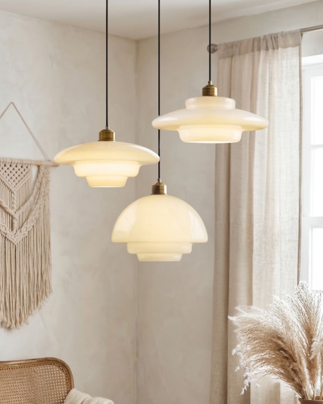 TINA Hanglamp – Mid-Century Melkwit Glas met Geborsteld Messing | Moderne Eetkamer & Keukenverlichting | Verstelbaar | E27 Fitting