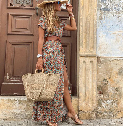 Vrouwen Maxi Jurk Zomer Boho Stijl V-hals Korte Mouwen