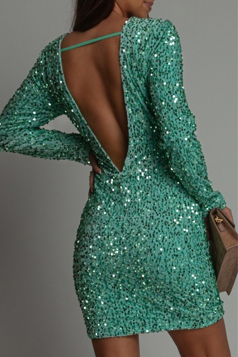 Dames Mini Jurk Glanzend Met Lange Mouwen Backless