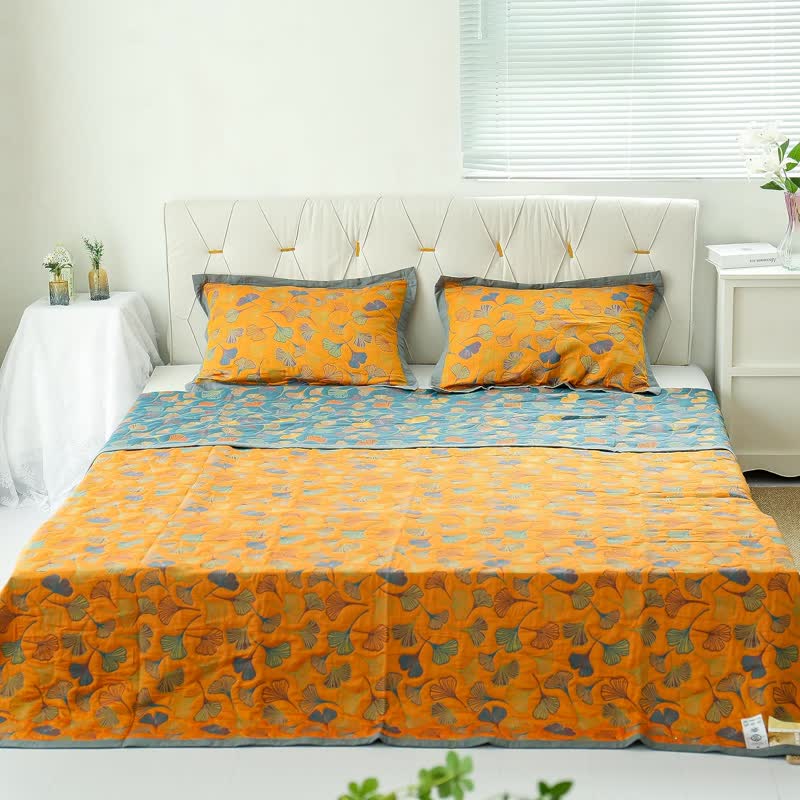 Bedsprei Katoen Ginkgo Print 200x230 Geel Blauw Slaapkamer Quilt Omkeerbaar Deken Sprei Tweepersoons Plaid Bed Woondecoratie