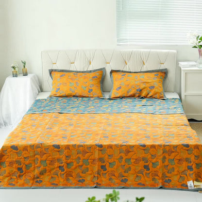 Bedsprei Katoen Ginkgo Print 200x230 Geel Blauw Slaapkamer Quilt Omkeerbaar Deken Sprei Tweepersoons Plaid Bed Woondecoratie