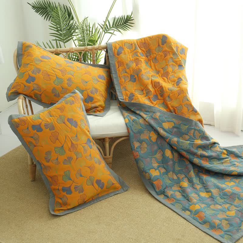 Bedsprei Katoen Ginkgo Print 200x230 Geel Blauw Slaapkamer Quilt Omkeerbaar Deken Sprei Tweepersoons Plaid Bed Woondecoratie