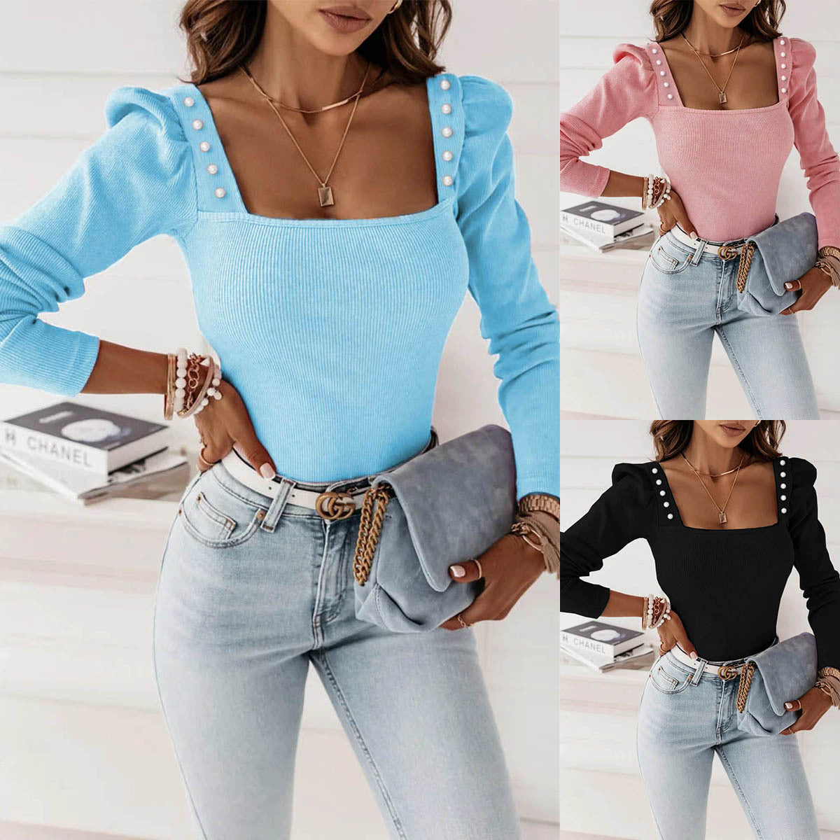 Dames Top Vierkante Hals Sierknopen Trendy Mode