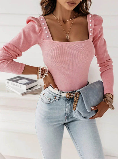 Dames Top Vierkante Hals Sierknopen Trendy Mode