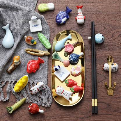 Keramische Eetstokjessteun met Dier- en Fruitmotieven – Set van 3