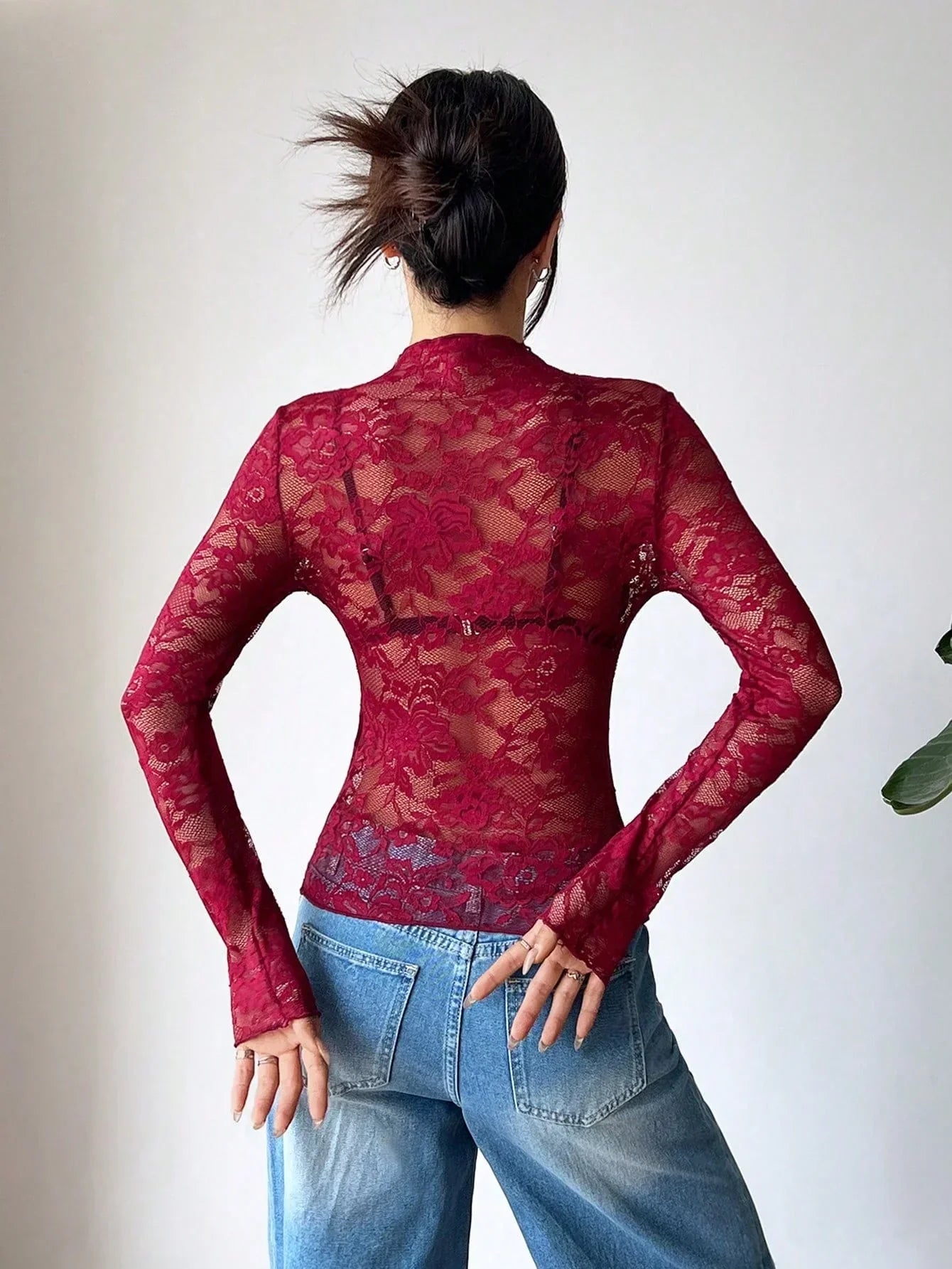 Vrouwen Blouse Lange Mouwen Kanten Doorzichtig