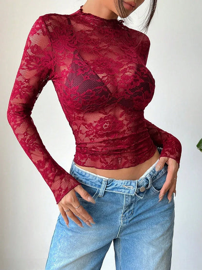 Vrouwen Blouse Lange Mouwen Kanten Doorzichtig