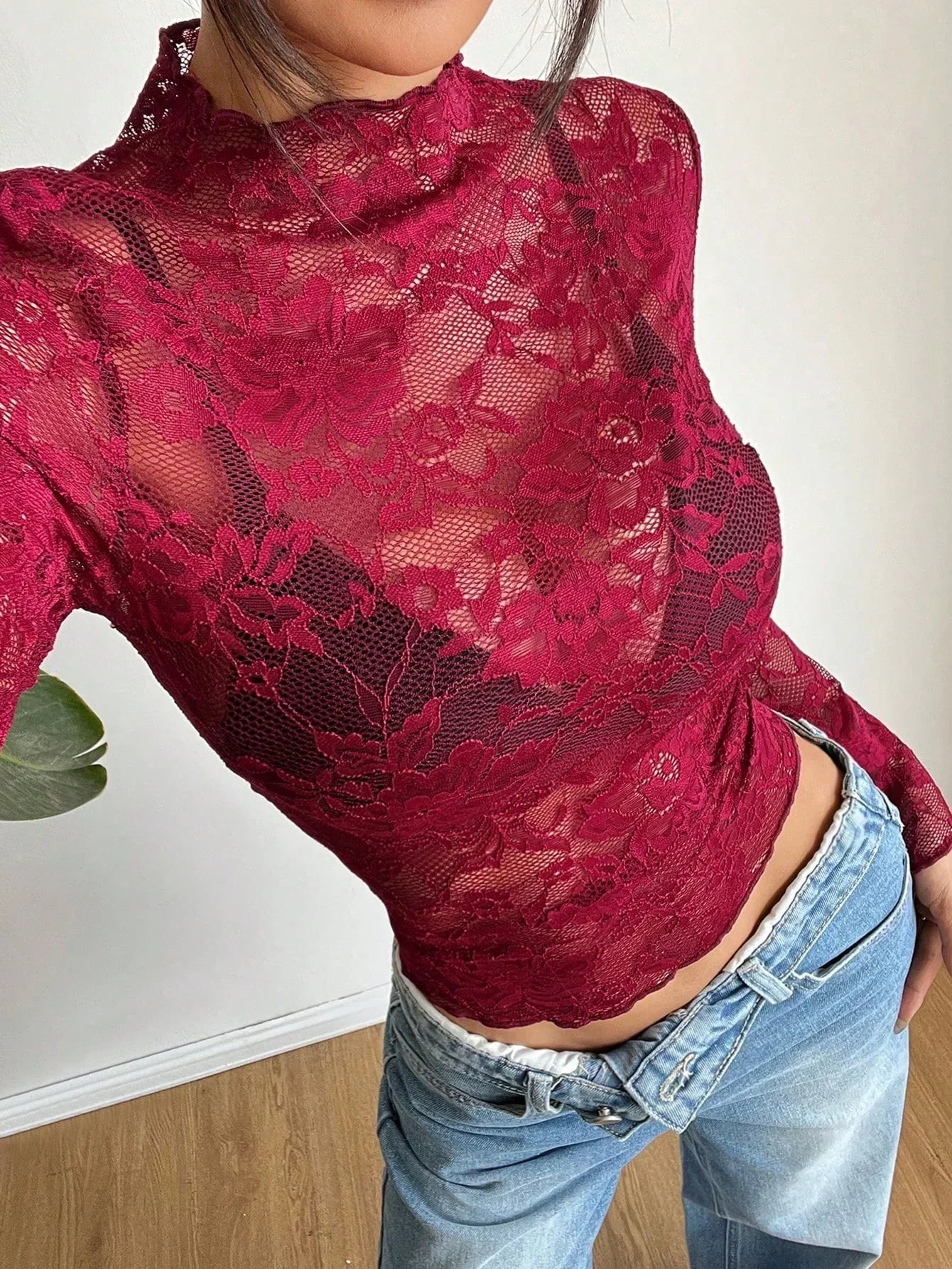 Vrouwen Blouse Lange Mouwen Kanten Doorzichtig
