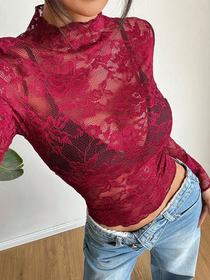 Vrouwen Blouse Lange Mouwen Kanten Doorzichtig