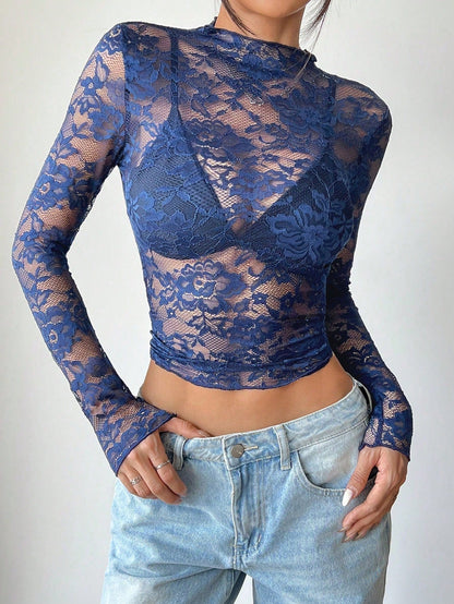 Vrouwen Blouse Lange Mouwen Kanten Doorzichtig