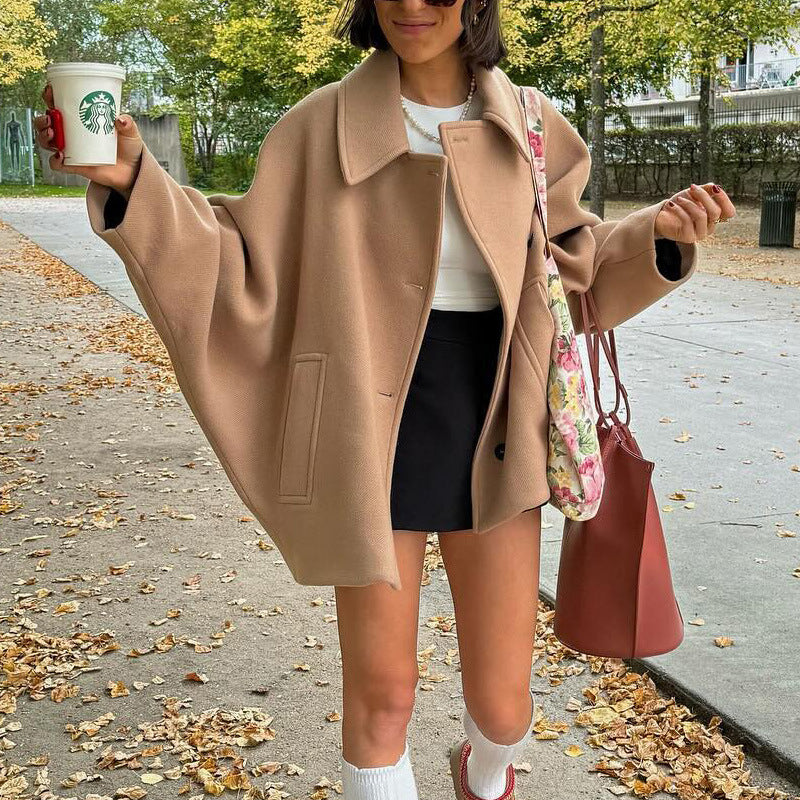 Damesjas Wijd Model met Kraag en Knopen van Wol Look Stof