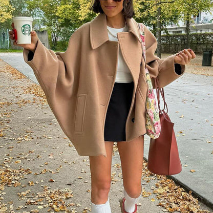 Damesjas Wijd Model met Kraag en Knopen van Wol Look Stof
