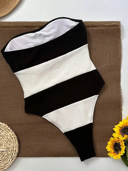 Jumpsuit Zonder Schouders Contrasterend Strepen Hoge Halsuitsnijding