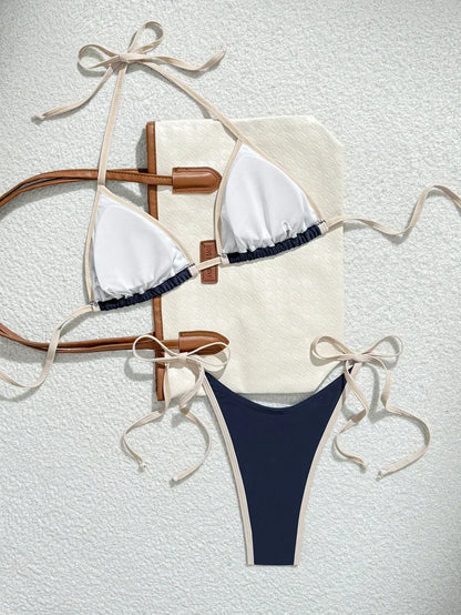 Bikini Set Marineblauw Contrasterende Rand Zomer Badmode