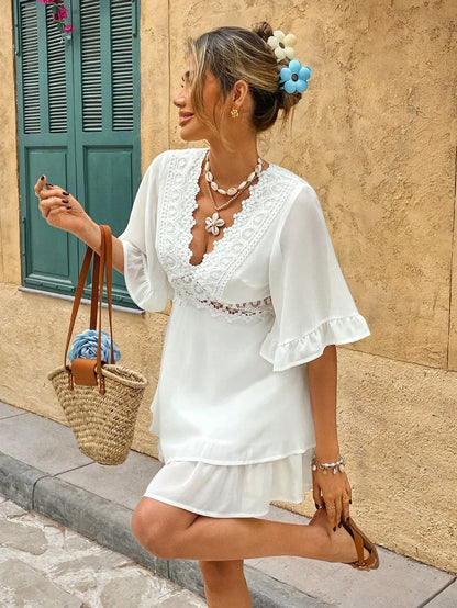 Witte Zomerjurk met Kant en V-hals
