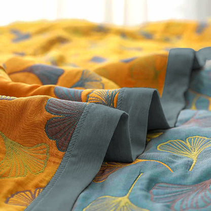 Bedsprei Katoen Ginkgo Print 200x230 Geel Blauw Slaapkamer Quilt Omkeerbaar Deken Sprei Tweepersoons Plaid Bed Woondecoratie