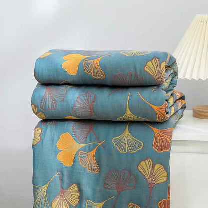 Bedsprei Katoen Ginkgo Print 200x230 Geel Blauw Slaapkamer Quilt Omkeerbaar Deken Sprei Tweepersoons Plaid Bed Woondecoratie