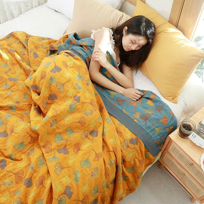 Bedsprei Katoen Ginkgo Print 200x230 Geel Blauw Slaapkamer Quilt Omkeerbaar Deken Sprei Tweepersoons Plaid Bed Woondecoratie