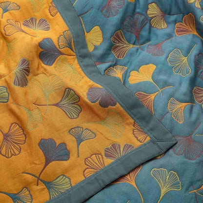 Bedsprei Katoen Ginkgo Print 200x230 Geel Blauw Slaapkamer Quilt Omkeerbaar Deken Sprei Tweepersoons Plaid Bed Woondecoratie