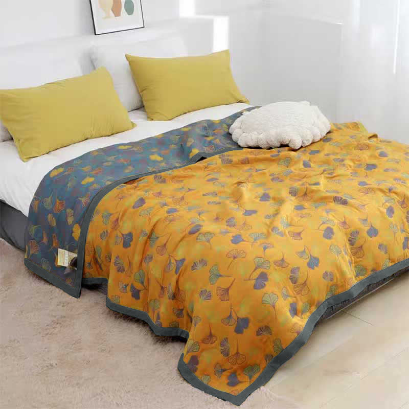 Bedsprei Katoen Ginkgo Print 200x230 Geel Blauw Slaapkamer Quilt Omkeerbaar Deken Sprei Tweepersoons Plaid Bed Woondecoratie