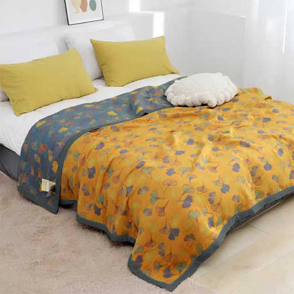 Bedsprei Katoen Ginkgo Print 200x230 Geel Blauw Slaapkamer Quilt Omkeerbaar Deken Sprei Tweepersoons Plaid Bed Woondecoratie