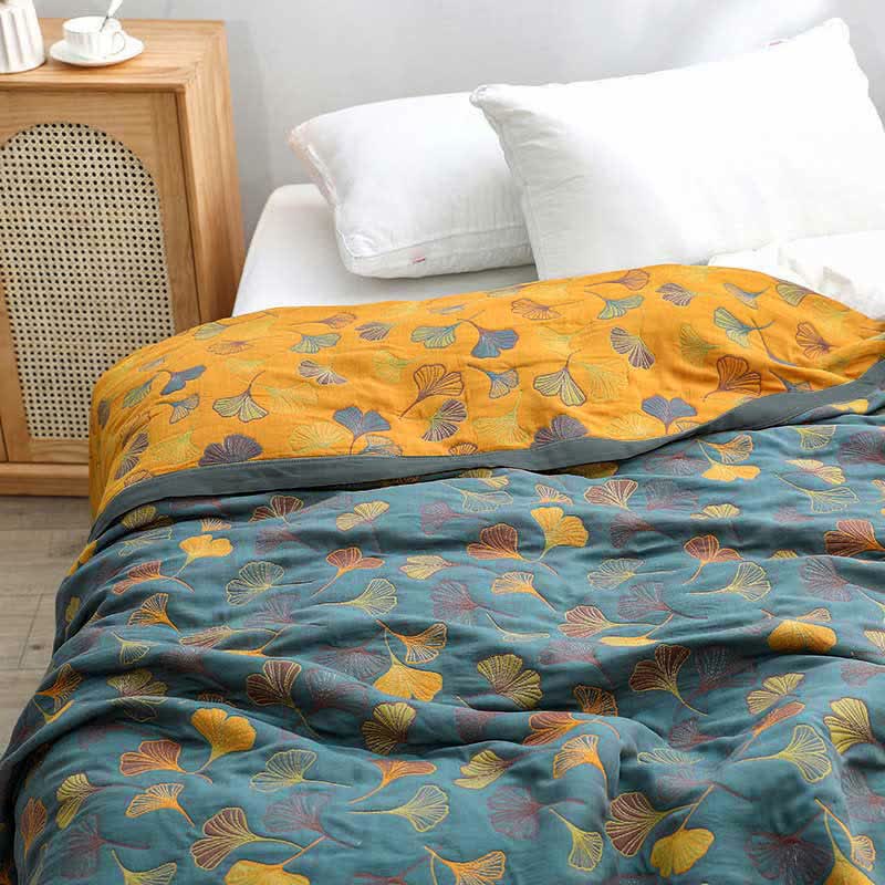 Bedsprei Katoen Ginkgo Print 200x230 Geel Blauw Slaapkamer Quilt Omkeerbaar Deken Sprei Tweepersoons Plaid Bed Woondecoratie