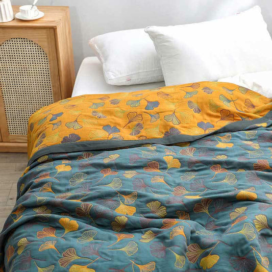 Bedsprei Katoen Ginkgo Print 200x230 Geel Blauw Slaapkamer Quilt Omkeerbaar Deken Sprei Tweepersoons Plaid Bed Woondecoratie