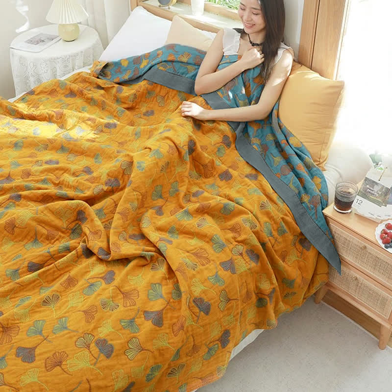 Bedsprei Katoen Ginkgo Print 200x230 Geel Blauw Slaapkamer Quilt Omkeerbaar Deken Sprei Tweepersoons Plaid Bed Woondecoratie