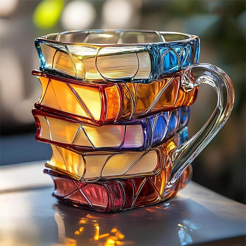 Handgemaakte 3D Boekenmok met Reliëf – Boekenliefhebber Cadeau – Dikwandig Glas – Koffie Thee Beker – Gedetailleerde Boekenruggen