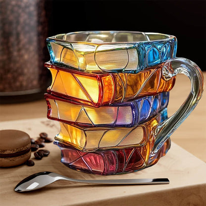 Handgemaakte 3D Boekenmok met Reliëf – Boekenliefhebber Cadeau – Dikwandig Glas – Koffie Thee Beker – Gedetailleerde Boekenruggen