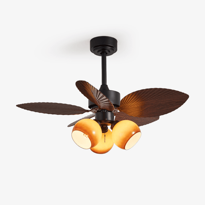 Vintage Plafondventilator met Verlichting – 91cm Diameter – Walnoot Afwerking & Oranje Kap