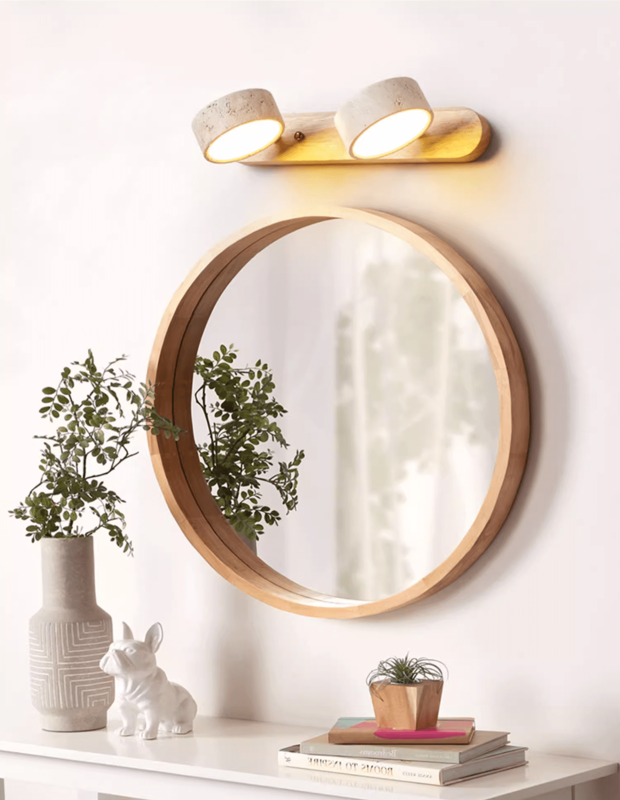 Travertijn Wandlamp Met Houten Basis En Dubbele LED Lichtbron Natuurlijke Steen Design Wandverlichting Voor Slaapkamer Hal En Woonkamer