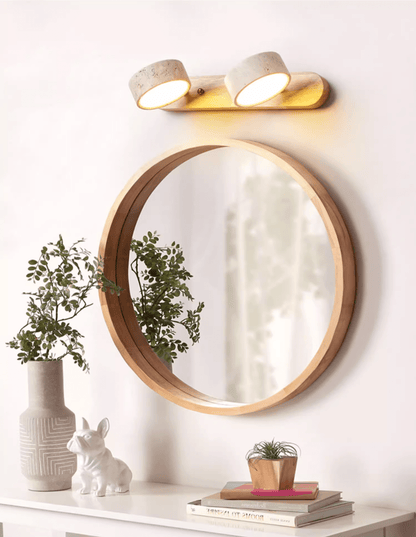 Travertijn Wandlamp Met Houten Basis En Dubbele LED Lichtbron Natuurlijke Steen Design Wandverlichting Voor Slaapkamer Hal En Woonkamer