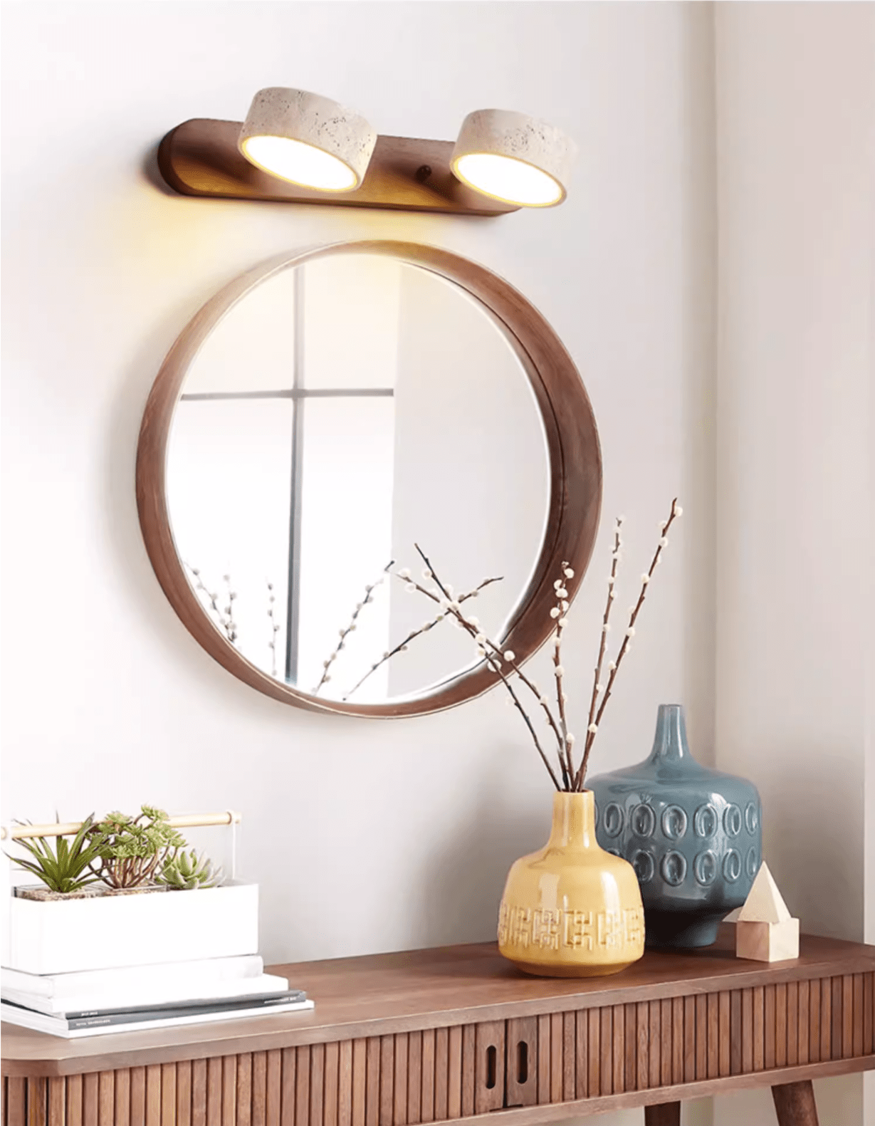 Travertijn Wandlamp Met Houten Basis En Dubbele LED Lichtbron Natuurlijke Steen Design Wandverlichting Voor Slaapkamer Hal En Woonkamer