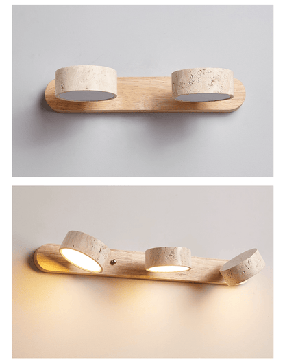 Travertijn Wandlamp Met Houten Basis En Dubbele LED Lichtbron Natuurlijke Steen Design Wandverlichting Voor Slaapkamer Hal En Woonkamer