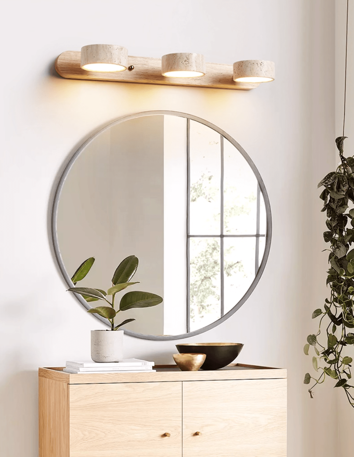 Travertijn Wandlamp Met Houten Basis En Dubbele LED Lichtbron Natuurlijke Steen Design Wandverlichting Voor Slaapkamer Hal En Woonkamer