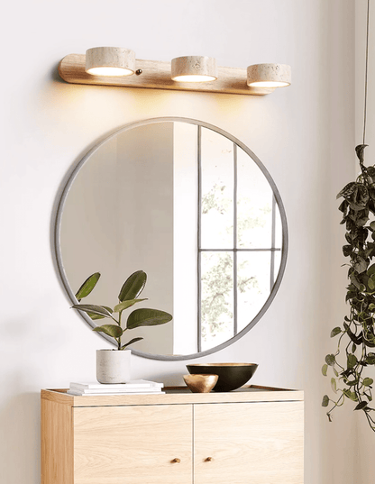Travertijn Wandlamp Met Houten Basis En Dubbele LED Lichtbron Natuurlijke Steen Design Wandverlichting Voor Slaapkamer Hal En Woonkamer