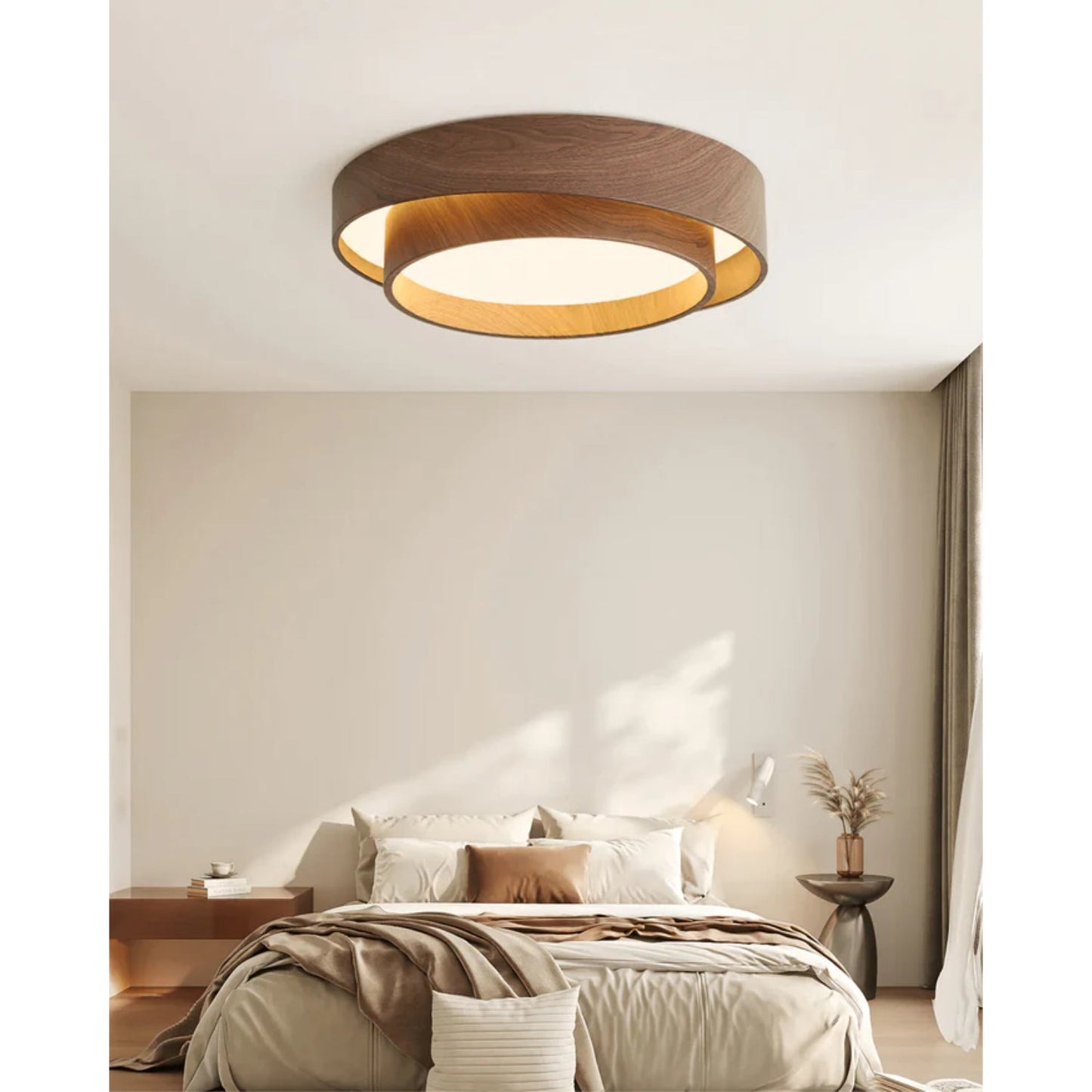 LED plafondlamp houtlook walnoot Japandi woonkamer slaapkamer ronde plafondlamp moderne verlichting houtnerf look